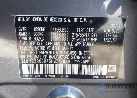 2017 Honda Hr-V Ex-L from USA, damaged, VIN 3CZRU6H75HM732899